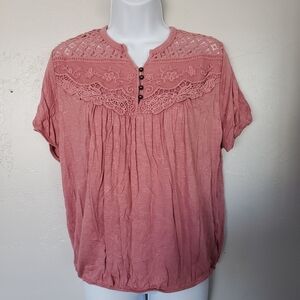 Orange Kiss Medium Pink Short Sleeve Blouse Cinched Waist Lace Button Girly Top